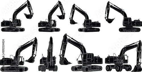 Silhouettes of various excavator types in multiple orientations and designs, showcasing construction machinery diversity in cad drawing vector format for industrial use.