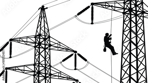 Electric power line maintenance worker climbing transmission tower silhouette, high voltage electricity infrastructure, industrial energy distribution, utility safety concept