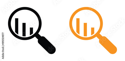 Magnifying glass  business graph icon. Business data graph bar analysis by magnifying glass icon. Analytics icon with a magnifying glass over a graph representing data analysis and insights highlighti