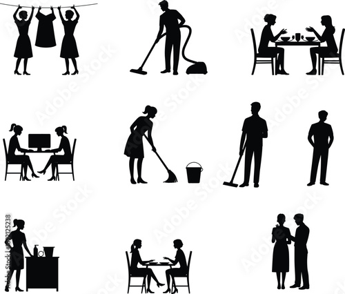 Everyday human activity silhouettes set showing household chores, work tasks and social interactions, daily life lifestyle illustration collection