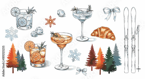 Watercolor collage featuring elegant winter cocktails with citrus slices, skis, snowflakes and forest silhouettes on clean white background with soft textures, travel and resort branding