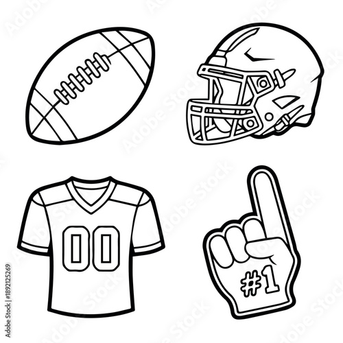 A collection of four black and white outline icons representing American football essentials, including a ball, helmet, jersey, and a "number one" foam finger.