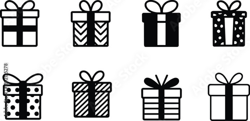 Gift box icon set in black outline style, present packaging symbols, holiday celebration and surprise design elements illustration