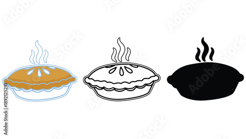 Three steaming hot pies in different illustration styles on white background