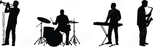 Musician band silhouette illustration, trumpet drummer keyboard and saxophone players, live music performance concept, jazz ensemble isolated background