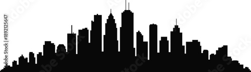 Modern city skyline silhouette illustration, urban downtown skyscrapers horizon, metropolitan architecture landscape, business district cityscape, minimal black design
