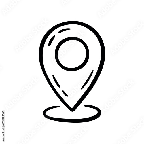 A hand-drawn style outline illustration of a classic map pin icon, featuring a bold circular top and a pointed bottom, indicating a specific location or point of interest.