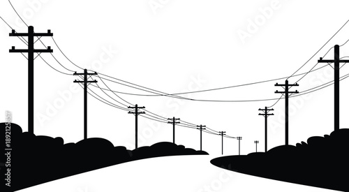 Rural electric power line silhouette landscape, utility poles and cables, electricity transmission infrastructure, countryside energy distribution, minimal illustration