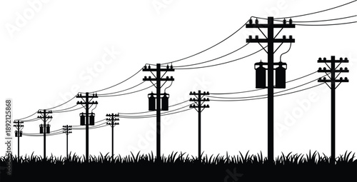 Rural electric power line silhouette, utility poles with transformers, electricity transmission infrastructure, energy distribution network, minimal industrial landscape illustration