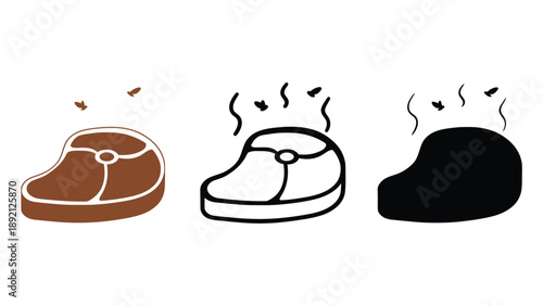 A series of steaming steak icons in different colors and styles