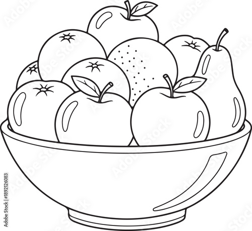 Bowl filled with assorted fruits like apples, oranges, and pears, illustrated in outline for healthy eating concepts. , Generative Ai