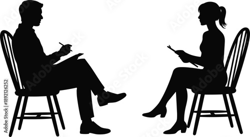 Silhouette of therapist and patient sitting in counseling session, mental health therapy concept, psychological consultation, interview discussion illustration