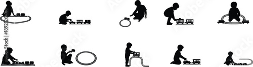 Silhouette set of children playing with toy trains, early childhood play activities, kids imagination development, educational playtime concept illustration