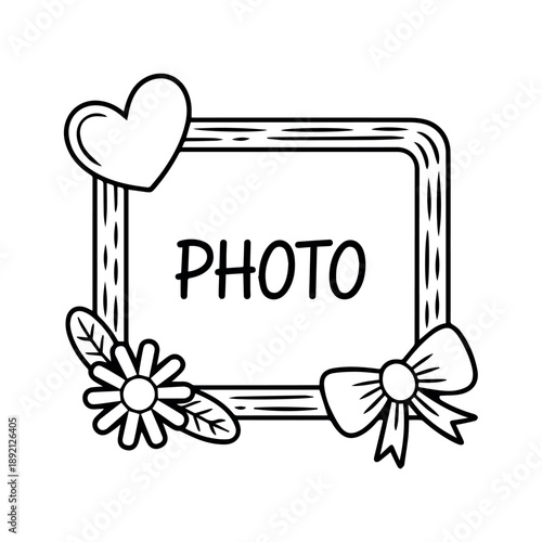 A decorative outline illustration of a photo frame with "PHOTO" written inside, adorned with a heart, a flower, and a ribbon bow, suggesting cherished memories and personal keepsakes.