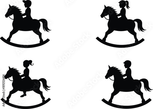 Silhouette set of children riding rocking horse toy, classic kids playtime concept, nursery decoration illustration, childhood imagination artwork
