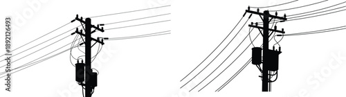 Utility pole transformer silhouette, electric power distribution lines, overhead cables infrastructure, electrical energy supply, industrial service illustration