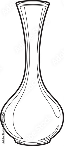 Elegant line art illustration of a slender, tall glass vase with a curved, teardrop-shaped body and a narrow neck, isolated on a white background. , Generative Ai