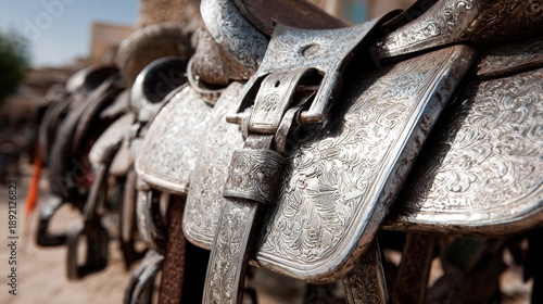 spurs. Silver spurs and bridle buckles beside vibrant red dahlias in bloom. gardening catalogs, home-decor guides, designed for gardening and botanical catalogs, used by product managers.