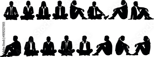 Business People Silhouettes Sitting on Floor Relaxing, Meditating, and Waiting in Corporate Suits Vector Set