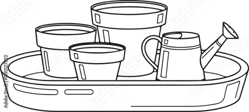 Set of outline garden pots and watering can on a tray, perfect for gardening and DIY projects. , Generative Ai