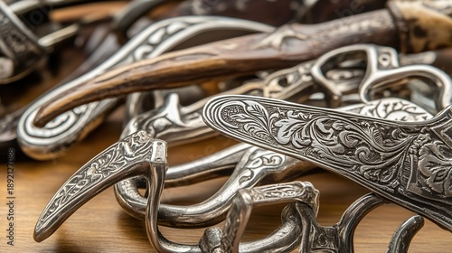 spurs. Silver spurs and bridle buckles beside vibrant red dahlias in bloom. gardening catalogs, home-decor guides, designed for gardening and botanical catalogs, used by product managers.