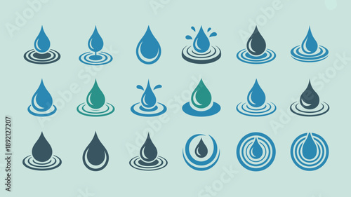 A collection of stylized water droplet icons and ripple effects are displayed against a light teal background showcasing different designs high quality professional detailed modern elegant