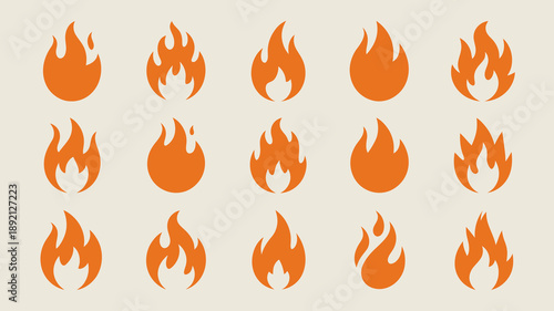 A collection of vibrant stylized flame icons are displayed against a pale background showcasing different shapes and intensities of fire high quality professional detailed modern elegant