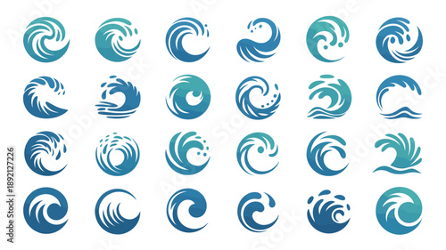 An array of stylized wave icons are displayed in varying shapes and sizes utilizing a calming teal and white color scheme high quality professional detailed modern