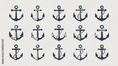 A collection of nautical anchors is displayed in varying styles and colors including blue gray and orange tones high quality professional detailed modern elegant stylish clean