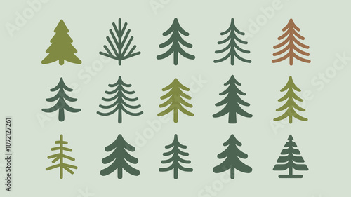 A collection of stylized evergreen trees in varying shades of green and brown are arranged in a grid pattern on a pale background high quality professional