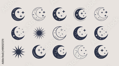 A collection of celestial designs featuring various phases of the moon stars and sunbursts rendered in a minimalist style high quality professional detailed modern elegant stylish