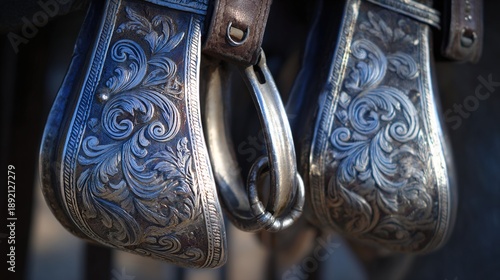 spurs. Silver spurs and bridle buckles beside vibrant red dahlias in bloom. gardening catalogs, home-decor guides, designed for gardening and botanical catalogs, used by product managers.