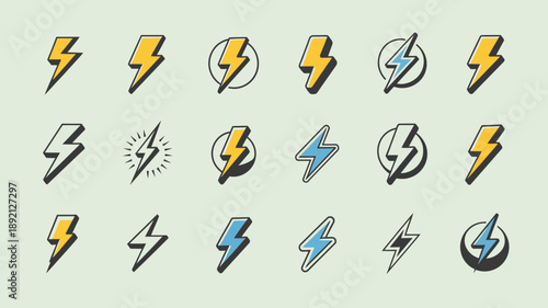 A collection of stylized lightning bolt icons in varying designs and shades of yellow and blue are displayed on a pale green background high quality professional