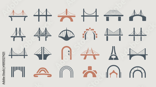 A collection of simplified stylized bridge icons in varying shades of gray and reddish brown are neatly arranged in a grid pattern high quality professional detailed