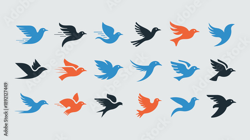 A collection of stylized bird silhouettes in flight showcasing various poses and color schemes including blue orange and black high quality professional detailed modern elegant stylish