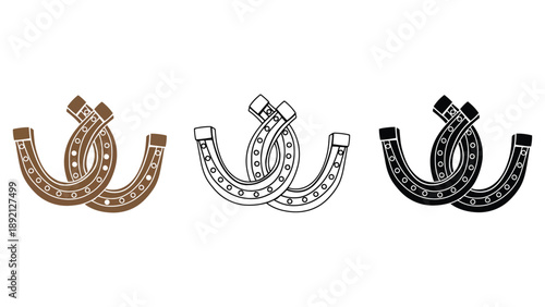 A set of three horseshoe illustrations in different colors on a white background