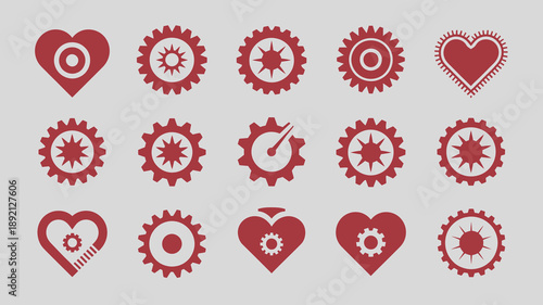 A collection of red icons depicting gears hearts and a location pin arranged in a grid on a light gray background high quality professional detailed modern