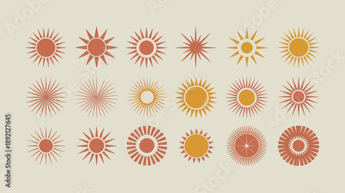 A collection of diverse sun illustrations in varying shades of orange and yellow arranged in neat rows on a pale background high quality professional detailed modern