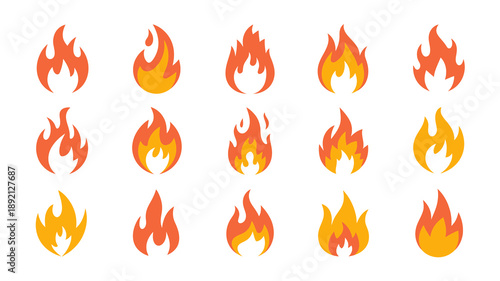 A collection of vibrant stylized flame icons are displayed against a white background representing fire and heat in a graphic design high quality professional detailed modern