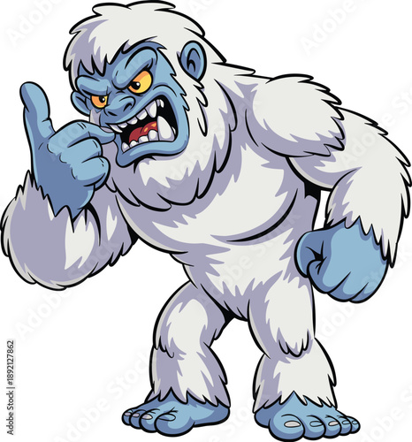 Angry yeti monster cartoon mascot pointing finger with aggressive expression, fantasy creature illustration isolated on white background for gaming design