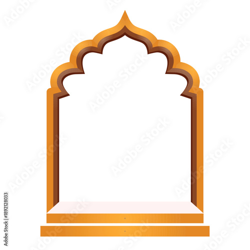 Elegant Islamic arch frame in gold tones, perfect for product display, Ramadan designs, invitations, and festive decorations.
