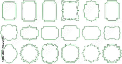 Collection of decorative green outlined frames and borders on white background ornate