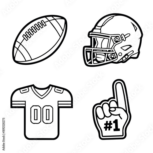 A collection of four essential American football-themed items, including a ball, helmet, jersey with number, and a foam finger, presented as simple outline illustrations.
