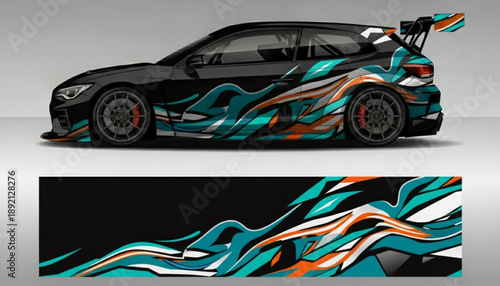 Dynamic car wrap design featuring abstract teal, orange, and white flowing patterns on a black sports car, with the graphic shown separately below.