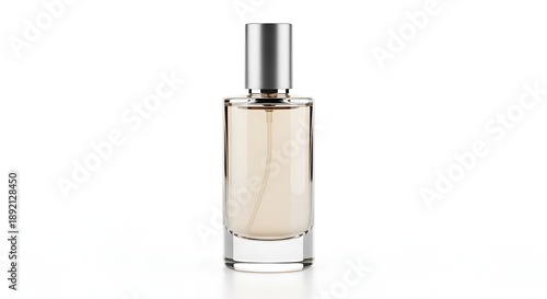 A luxurious perfume bottle displayed on a clean surface, centered in the frame, with a clear glass body and silver cap, isolated on a plain background