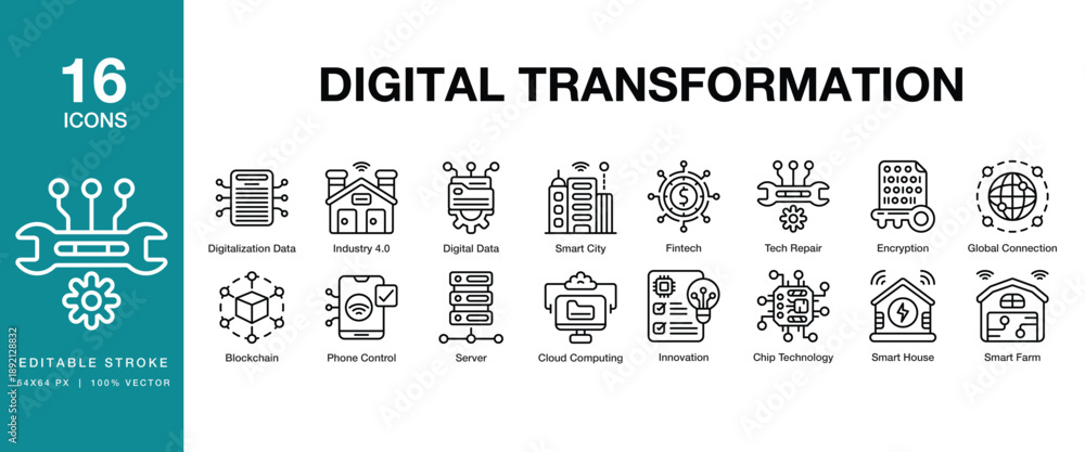 © SpaceFabric - Digital Transformation icon set. Includes digital, transformation, technology, innovation, cloud, automation and More. Editable Stroke Icon Collection.