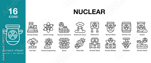 Nuclear icon set. Includes nuclear, atomic, reactor, radiation, energy, power and More. Editable Stroke Icon Collection.