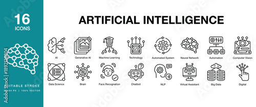 Artificial Intelligence icon set. Includes artificial, intelligence, ai, robot, robotics, neural and More. Editable Stroke Icon Collection.