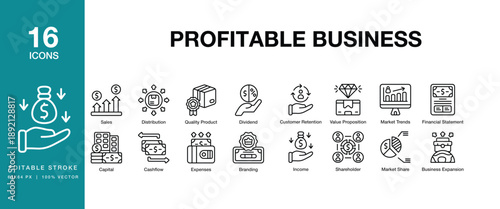 Profitable Business icon set. Includes profit, business, revenue, earnings, margin, growth and More. Editable Stroke Icon Collection.