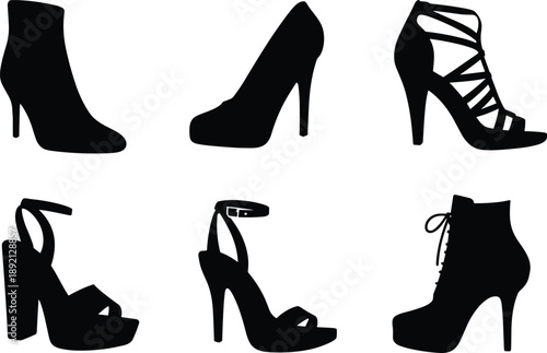Collection of black silhouettes of various women high heel shoes including boots and sandals in different styles isolated on white background.